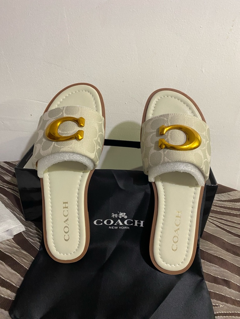 COACH Cream Signature Slide Sandals with Gold 'C' Accent